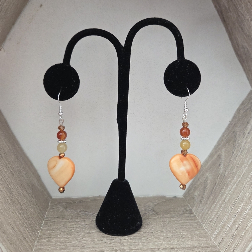 Orange Heart Shell Red Agate Yellow Jade Fairy Boho Whimsical Festival Earrings